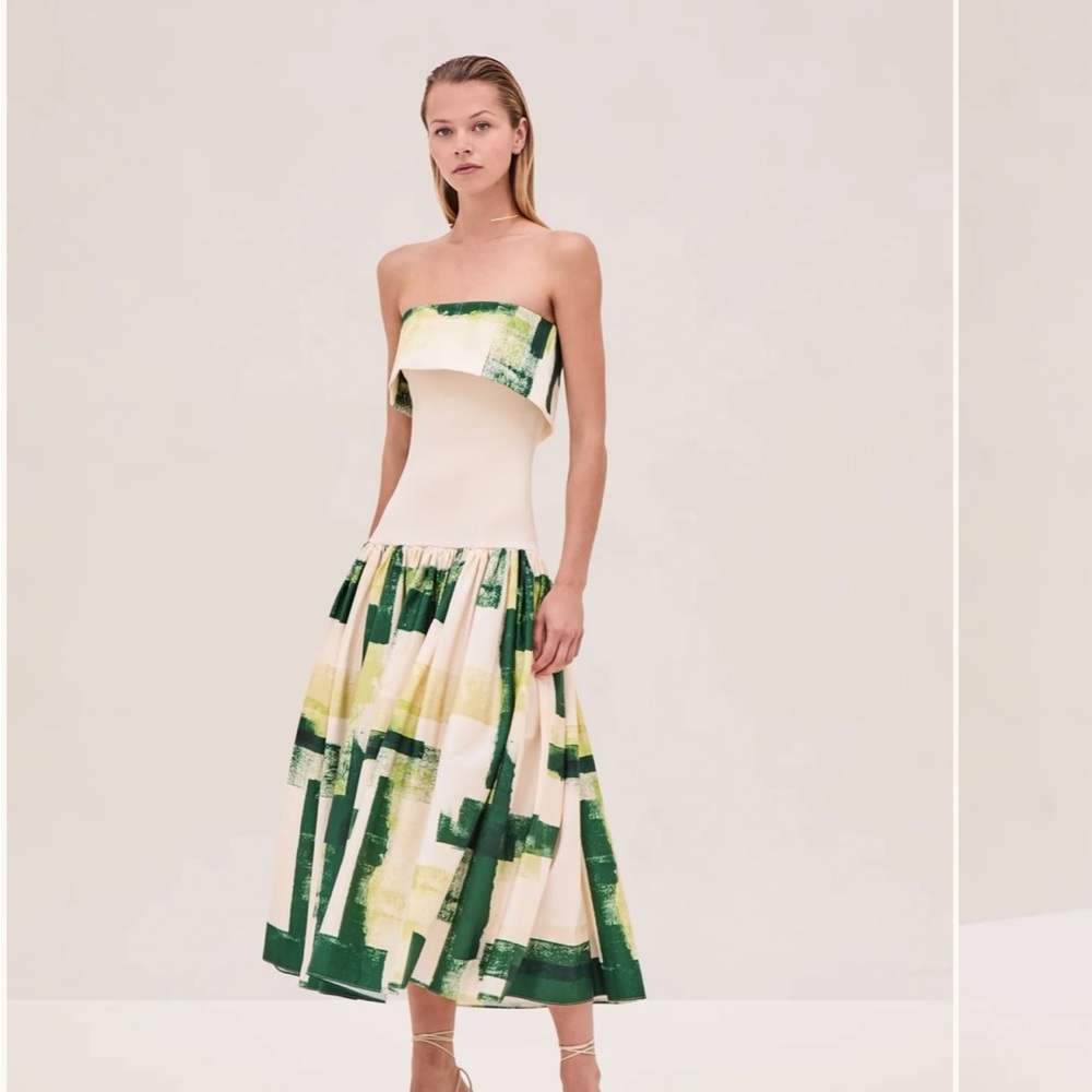 ALEXIS NWT Robia Dress Size large Strapless Green Brushstroke Print Midi Dress